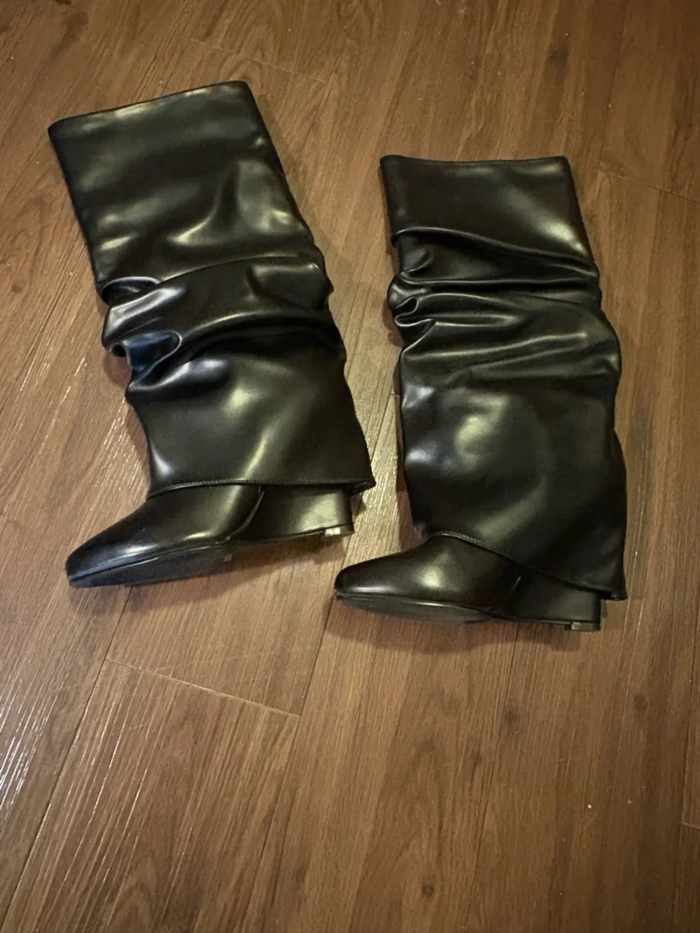 Slouched Ruched Fold Over Covered Wedge Heel Patent Leather Knee High Boots Wide